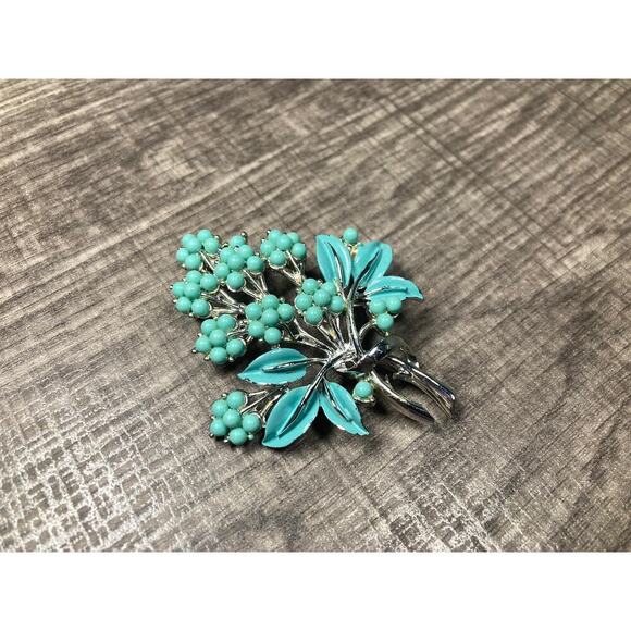 Coro Jewelry - VTG Coro Signed Pin Floral Berry Clusters Bouquet Silver Tone Aqua Enamel Brooch